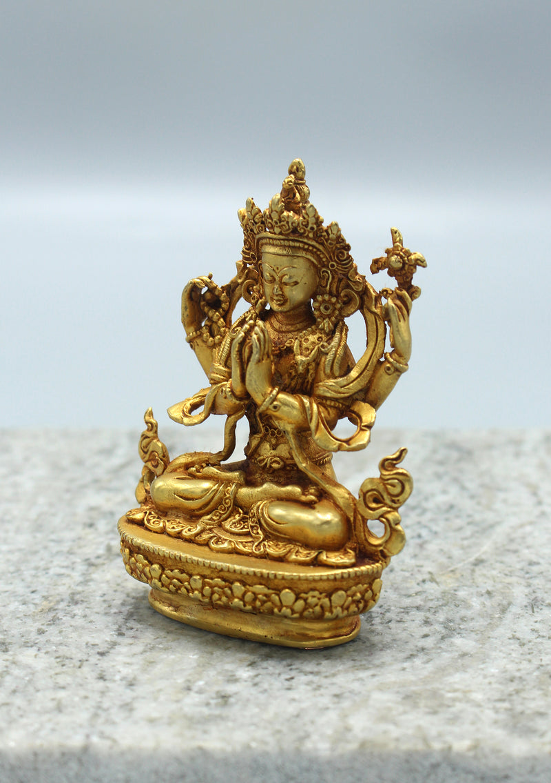 Gold Plated Tibetan Chenrezig Statue 3.5"