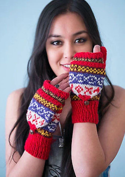 Hand knit Red Multicolor Woolen Convertible Mittens (Red WO20G)