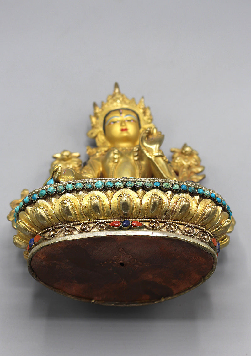 Gold Plated Eternal White Tara Statue with Silver Filigree and Turquoise