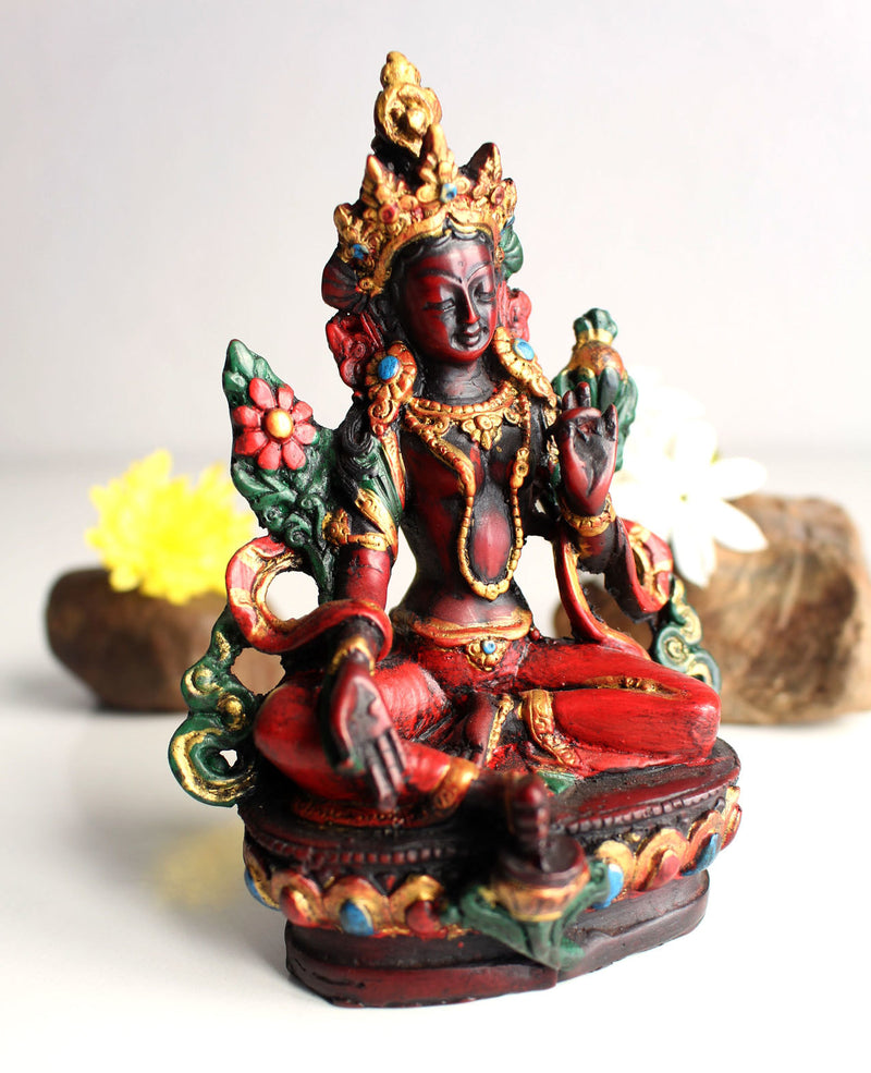 Resin Statue of Green Tara with Reddish Patina 5" high - nepacrafts