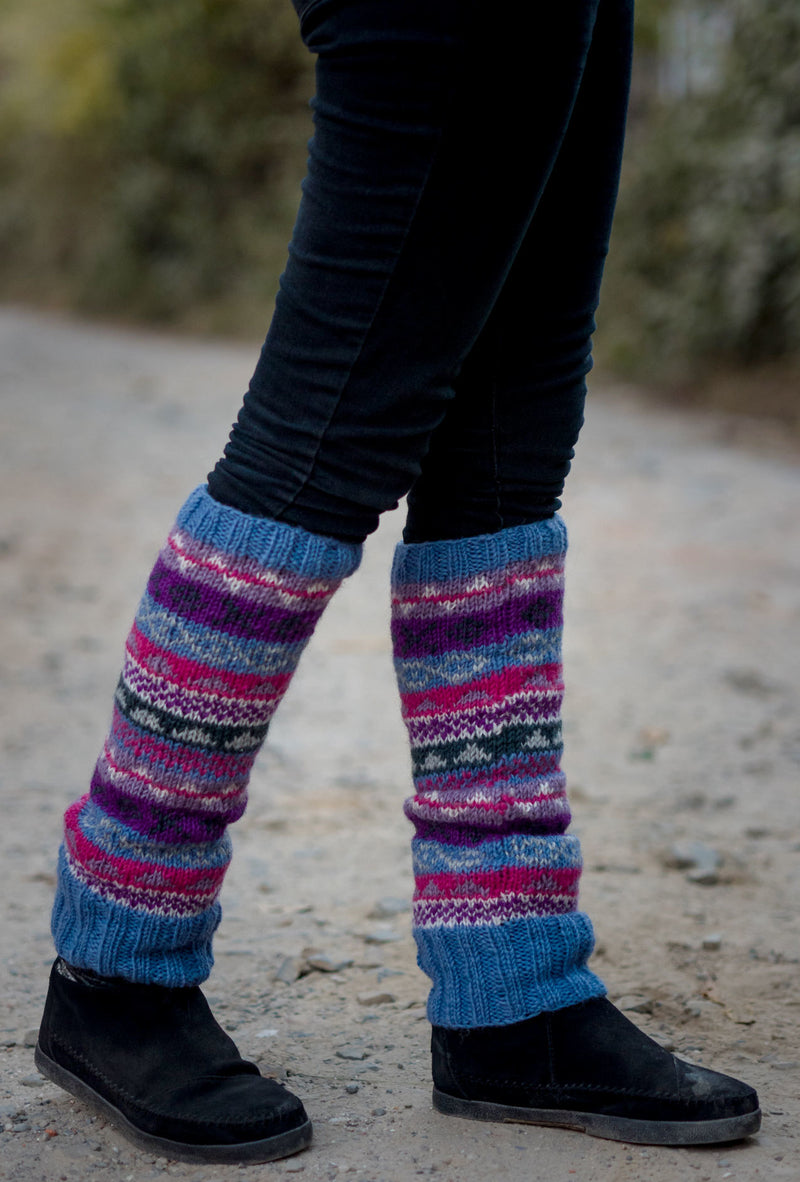 Light Blue Multicolored Pure Woolen Leg warmers - nepacrafts