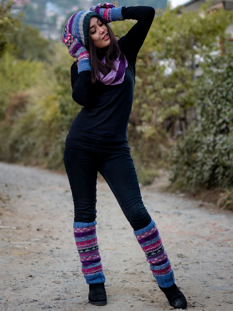 Light Blue Multicolored Pure Woolen Leg warmers - nepacrafts