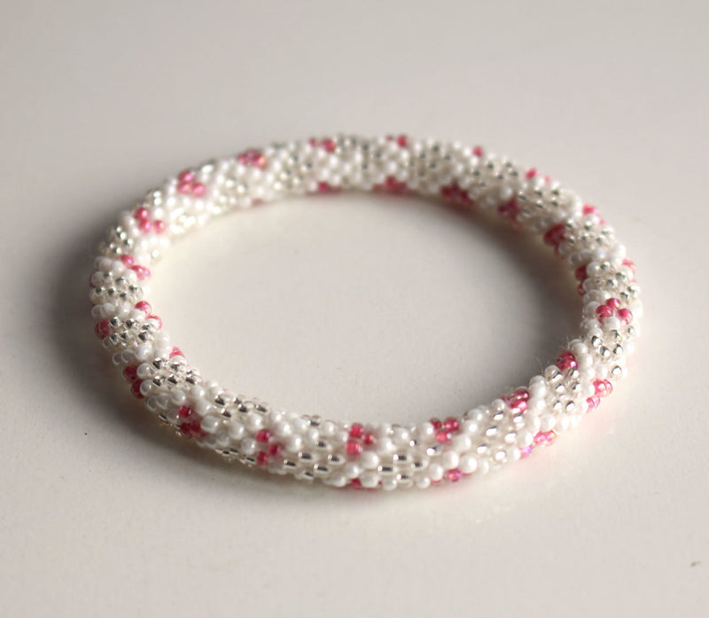 White Silver and Pink Crocheted Beads Roll On Bracelet - nepacrafts