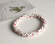 White Silver and Pink Crocheted Beads Roll On Bracelet - nepacrafts
