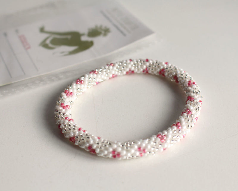 White Silver and Pink Crocheted Beads Roll On Bracelet - nepacrafts