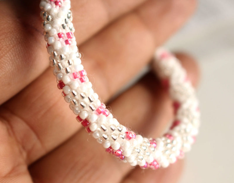 White Silver and Pink Crocheted Beads Roll On Bracelet - nepacrafts