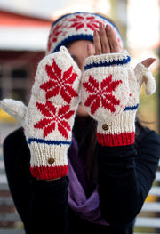 Red White Winter Combo of Hand Knitted Pure Woolen Cap, Convertible Mittens and Socks - nepacrafts