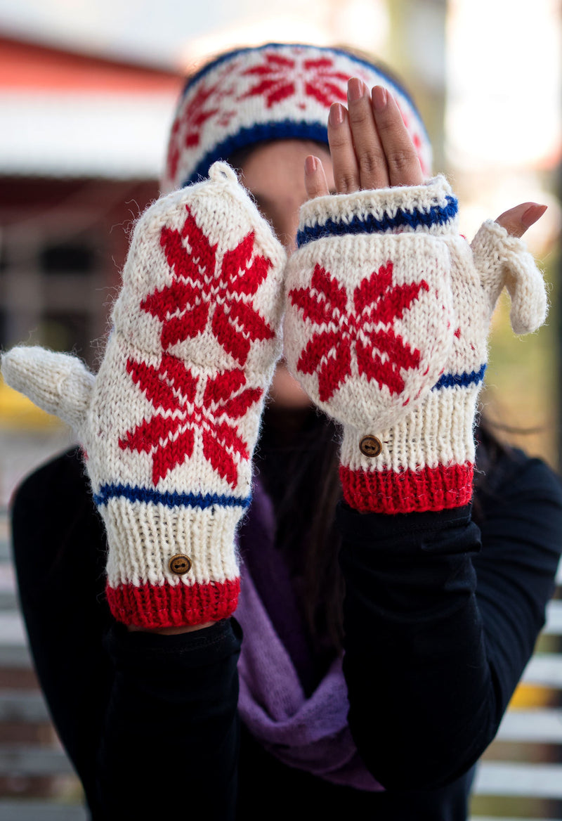 Red White Winter Combo of Hand Knitted Pure Woolen Cap, Convertible Mittens and Socks - nepacrafts