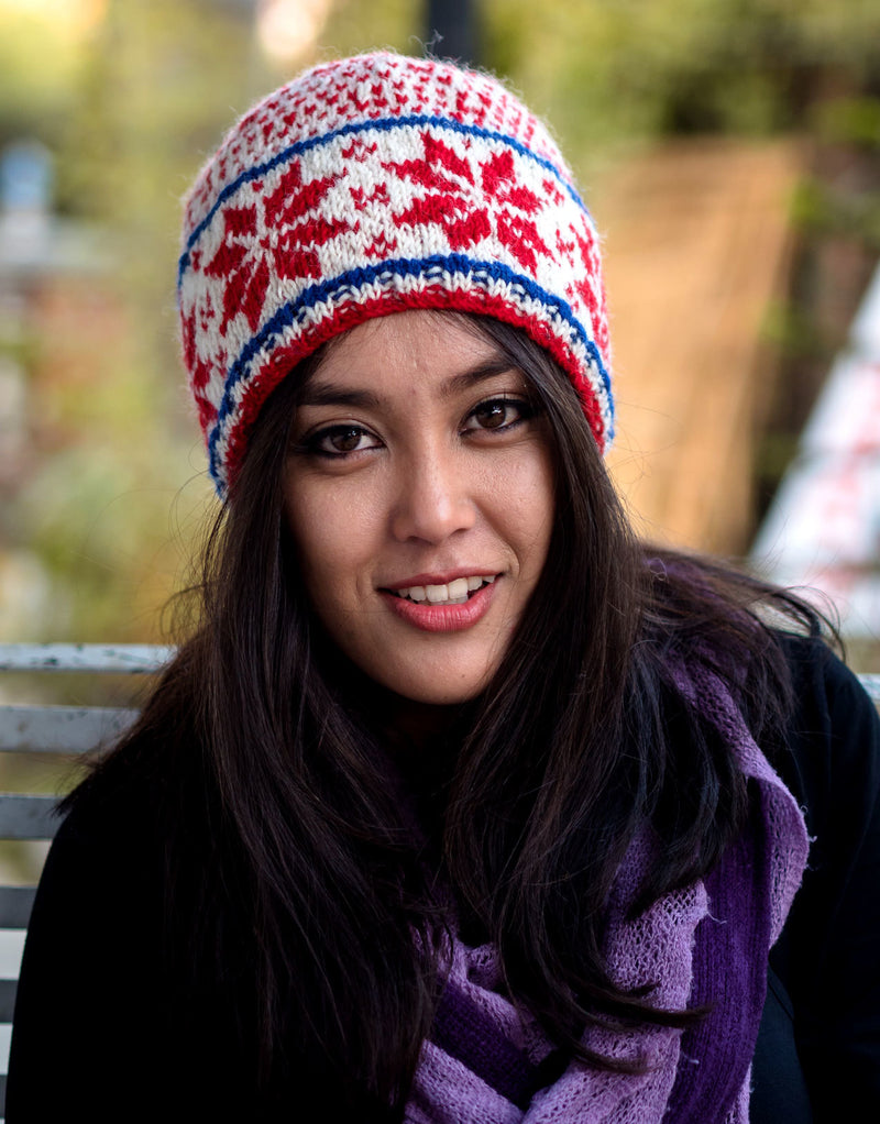 Red White Winter Combo of Hand Knitted Pure Woolen Cap, Convertible Mittens and Socks - nepacrafts