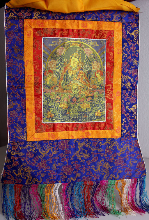 Guru Padmasambhava Embroidered Silk Brocade Fabric Thangka - nepacrafts
