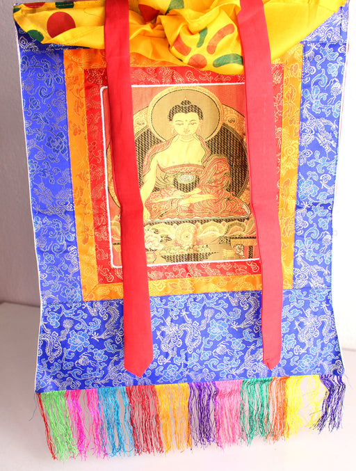 Shakyamuni Buddha Embroidered Silk Brocade Fabric Thangka - nepacrafts