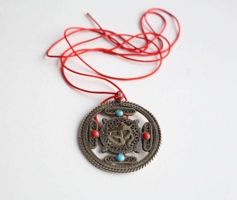 Om White Metal Tibetan Mandala Pendant - nepacrafts