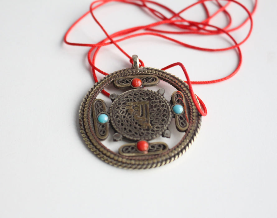 Om White Metal Tibetan Mandala Pendant - nepacrafts