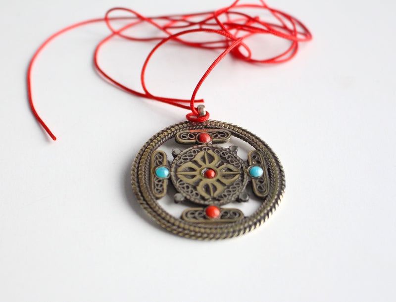 Om & Double Dorjee White Metal Tibetan Mandala Pendant - nepacrafts