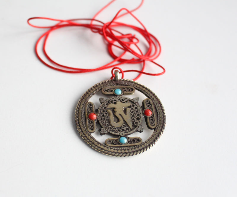 Om & Double Dorjee White Metal Tibetan Mandala Pendant - nepacrafts