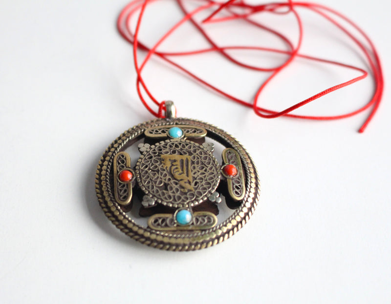 Kalachakra White Metal Tibetan Mandala Pendant - nepacrafts