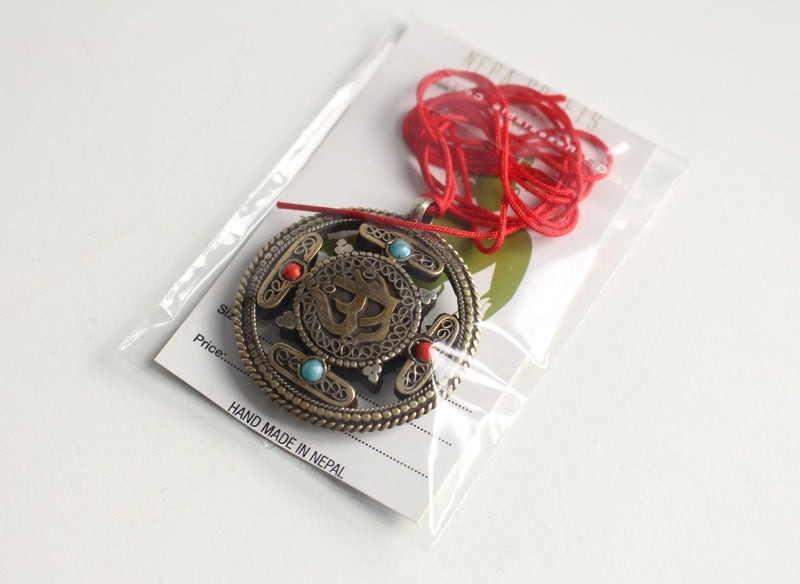 Om &  Kalachakra White Metal Tibetan Mandala Pendant - nepacrafts