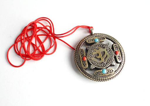 Om &  Kalachakra White Metal Tibetan Mandala Pendant - nepacrafts