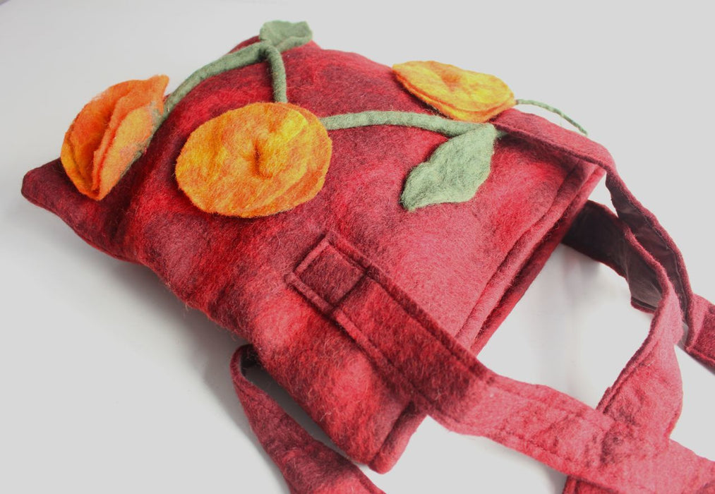 Maroon Felt Tote Bag with Orange Flower - nepacrafts