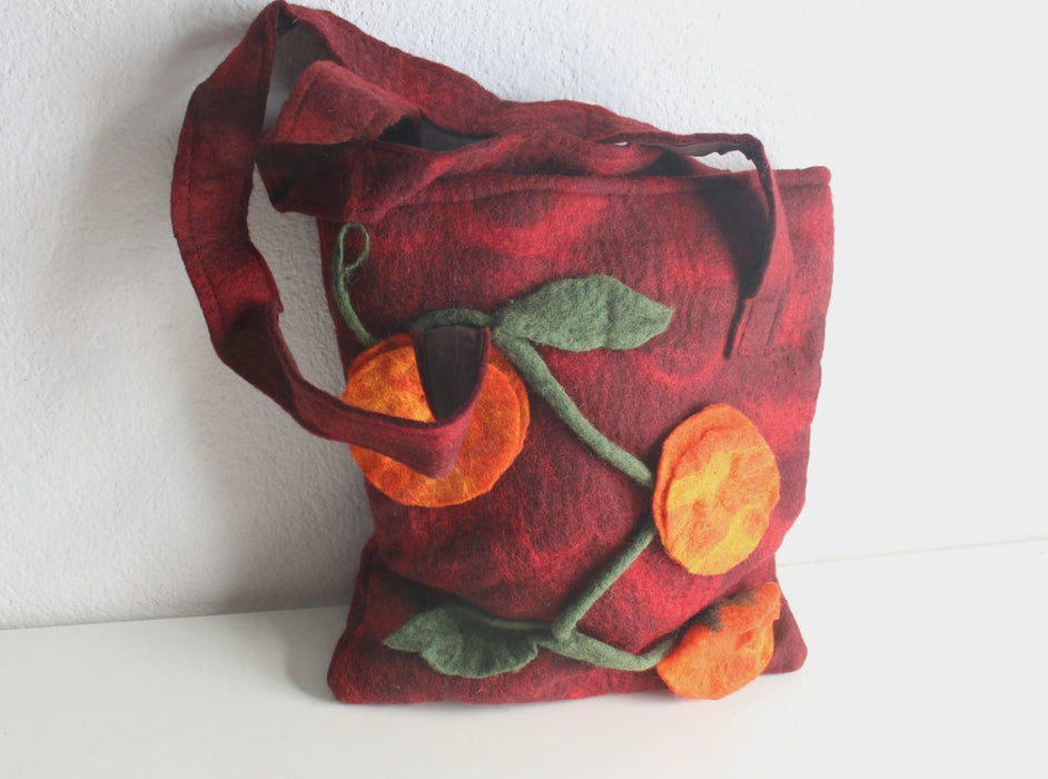 Maroon Felt Tote Bag with Orange Flower - nepacrafts