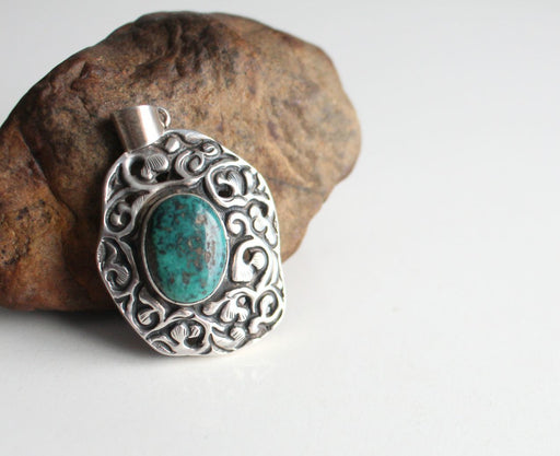 Tibetan Silver Pendant with Turquoise - nepacrafts