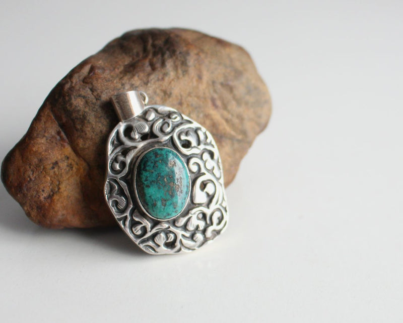 Tibetan Silver Pendant with Turquoise - nepacrafts