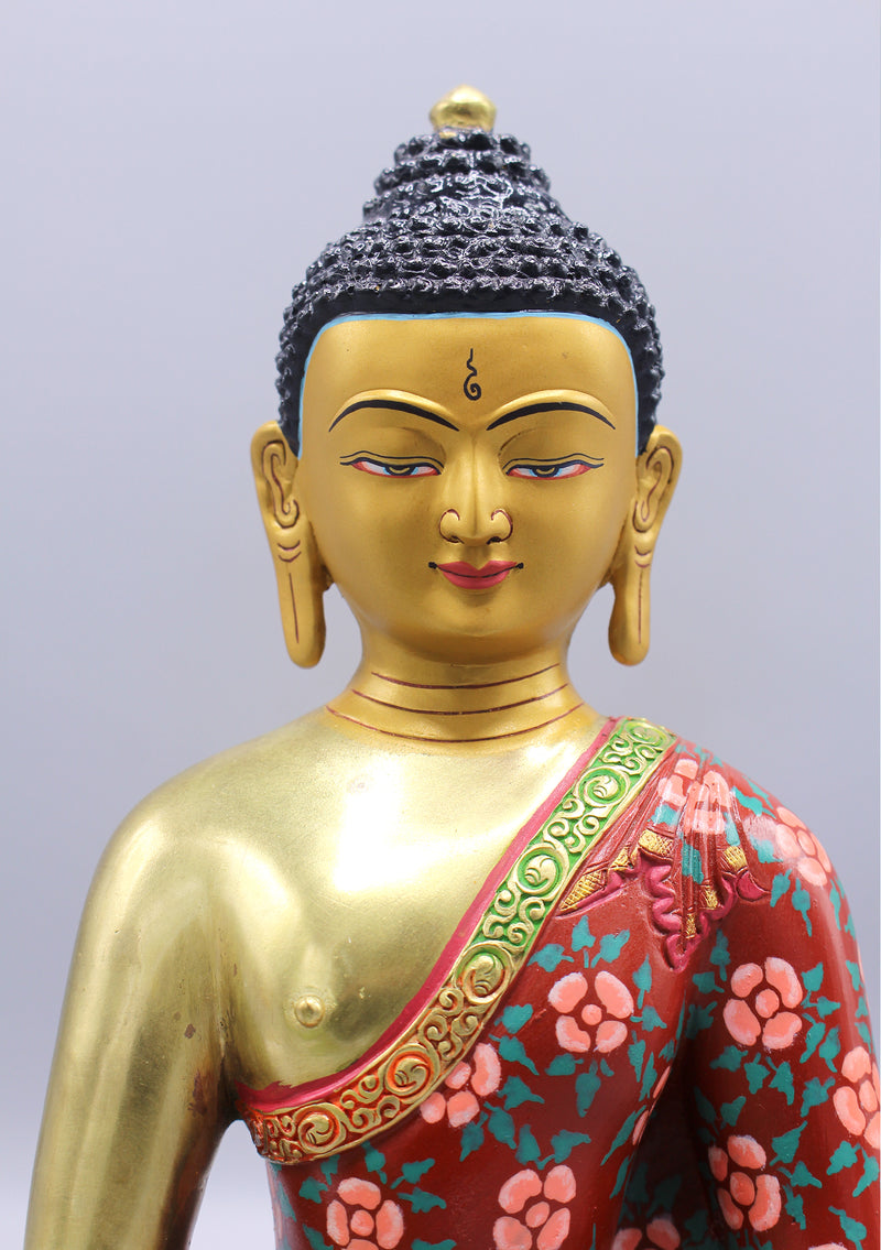 Artistically Painted Gold Plated Shakyamuni Buddha Statue with Floral Design
