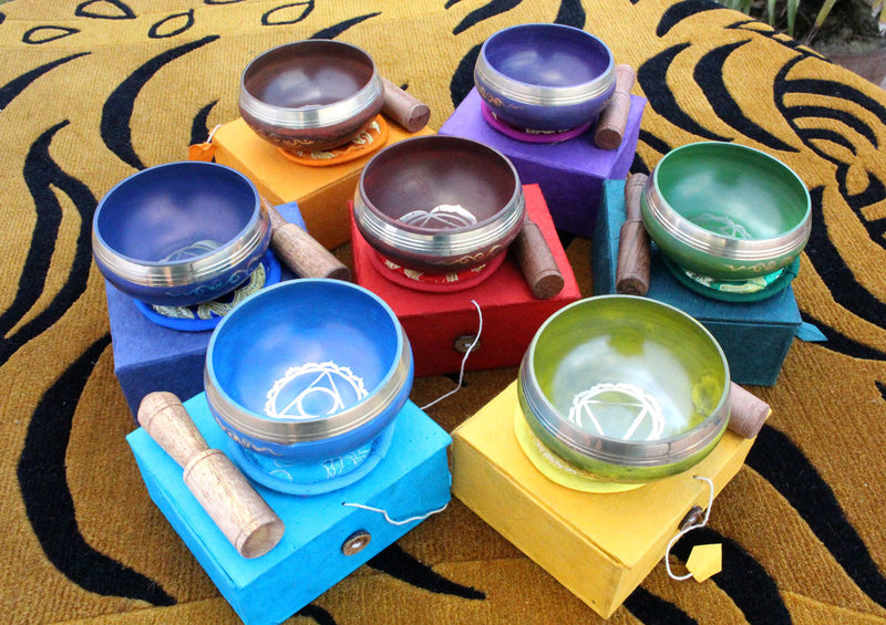 Seven Chakra Signs etched Singing Bowls Gift Box set