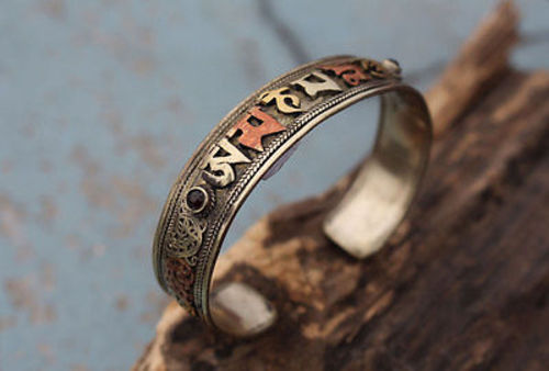 Tibetan Om Mani Adjustable White Metal Dargon Carved Bangles with Faux Stones (Garnet Stone BR58) - nepacrafts
