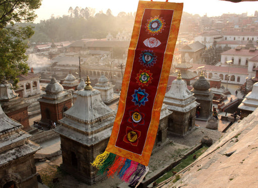 Seven Chakra Embroidered Maroon Polyester Banner - nepacrafts