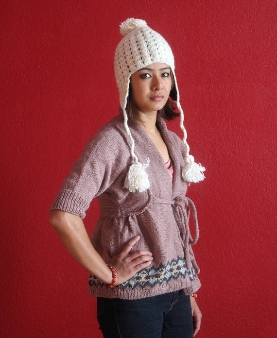 Himalayan Crocheted Ear Flap White Sherpa Cap WOC01 - nepacrafts