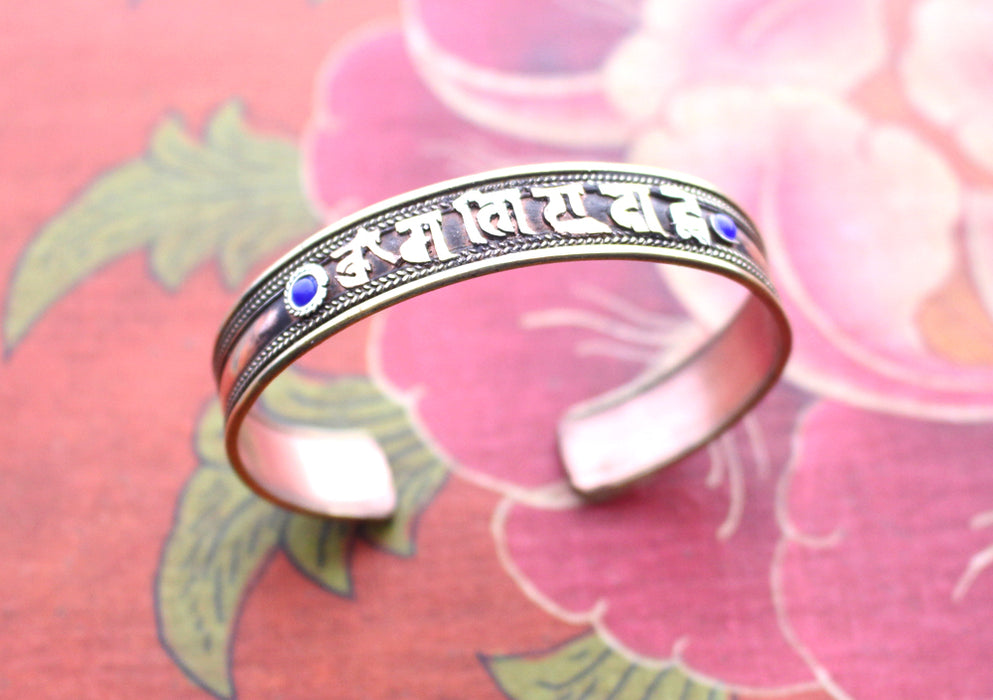 Om Mane Mantra Carved Copper Bracelet with Blue Coral, Cuff Bracelet for Meditation - nepacrafts