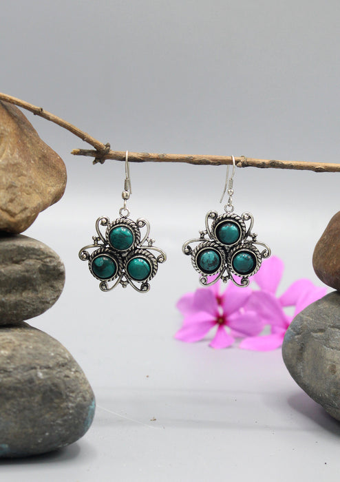 Turquoise Inlaid Floral Silver Plated Earrings