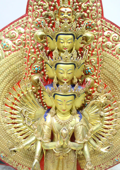50" High Magnificent Thousand Armed Avalokiteshvara Gold Plated Statue - nepacrafts
