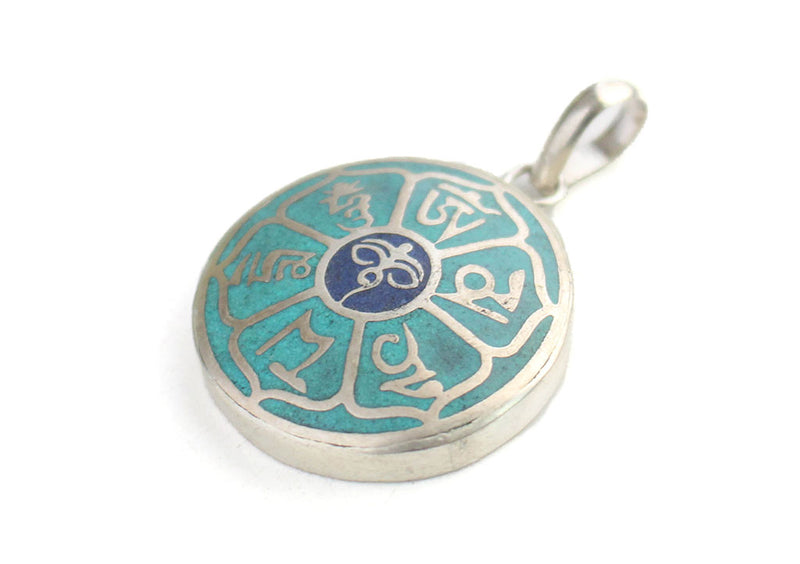 Buddha Eyes and Om Mani Mantra Inlaid White Metal Pendant - nepacrafts