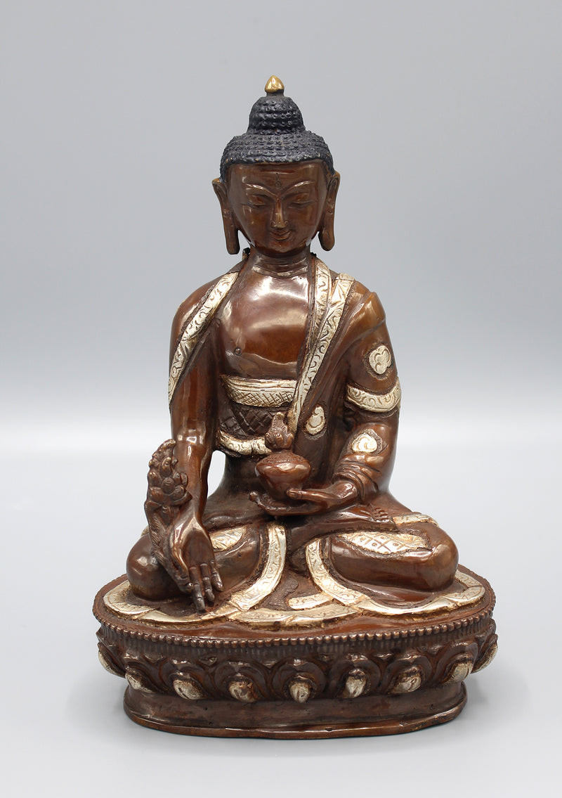 Copper Medicine Buddha Statue Inlaid Silver Robe - nepacrafts