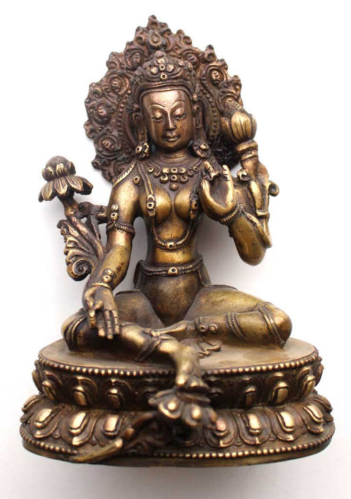 Skillfully Handcarved Brass Green Tara Statue 6.5" High - nepacrafts