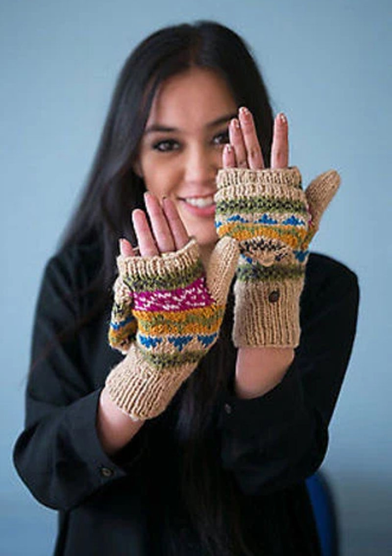 Dark Cream Multicolor Woolen Convertible Mittens (Dark Cream WO16G)