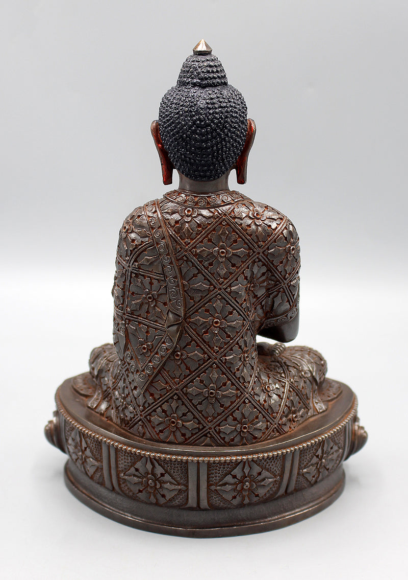Amitabha Buddha Copper Oxidized Statue Fully Carved Floral Motifs