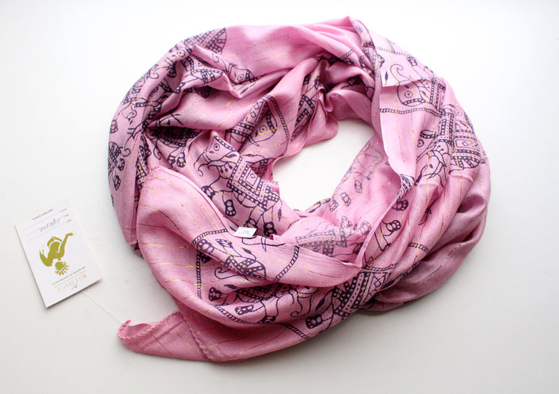 Light Pink Cotton Meditation Scarf with Elephant Print, Jari Shawl/Scarf - nepacrafts