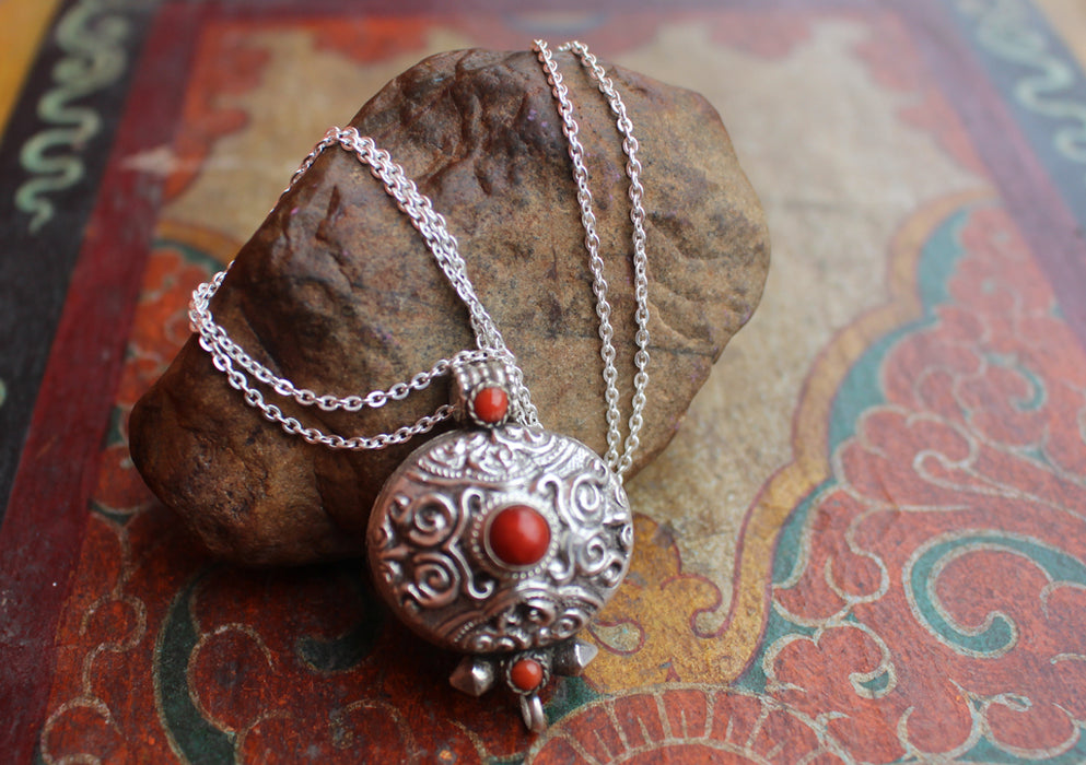Oval Shape Tibetan Silver Sterling Filigree Pendant with Coral Inlay - nepacrafts