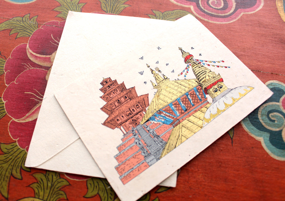 Nepalese Temples and Stupa Painted Handmade Lokta Paper Greeting Card - nepacrafts