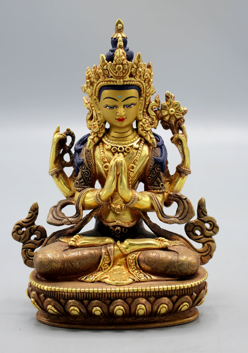 Partly Gold Plated Avalokisteswora Chenrezig Statue 6"
