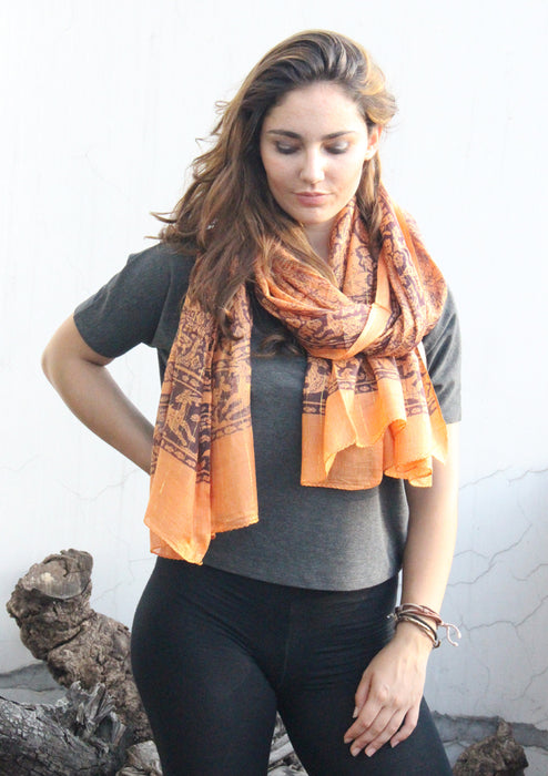 Elephant and Flower Print Orange Cotton Scarf/Shawl for Summer - nepacrafts
