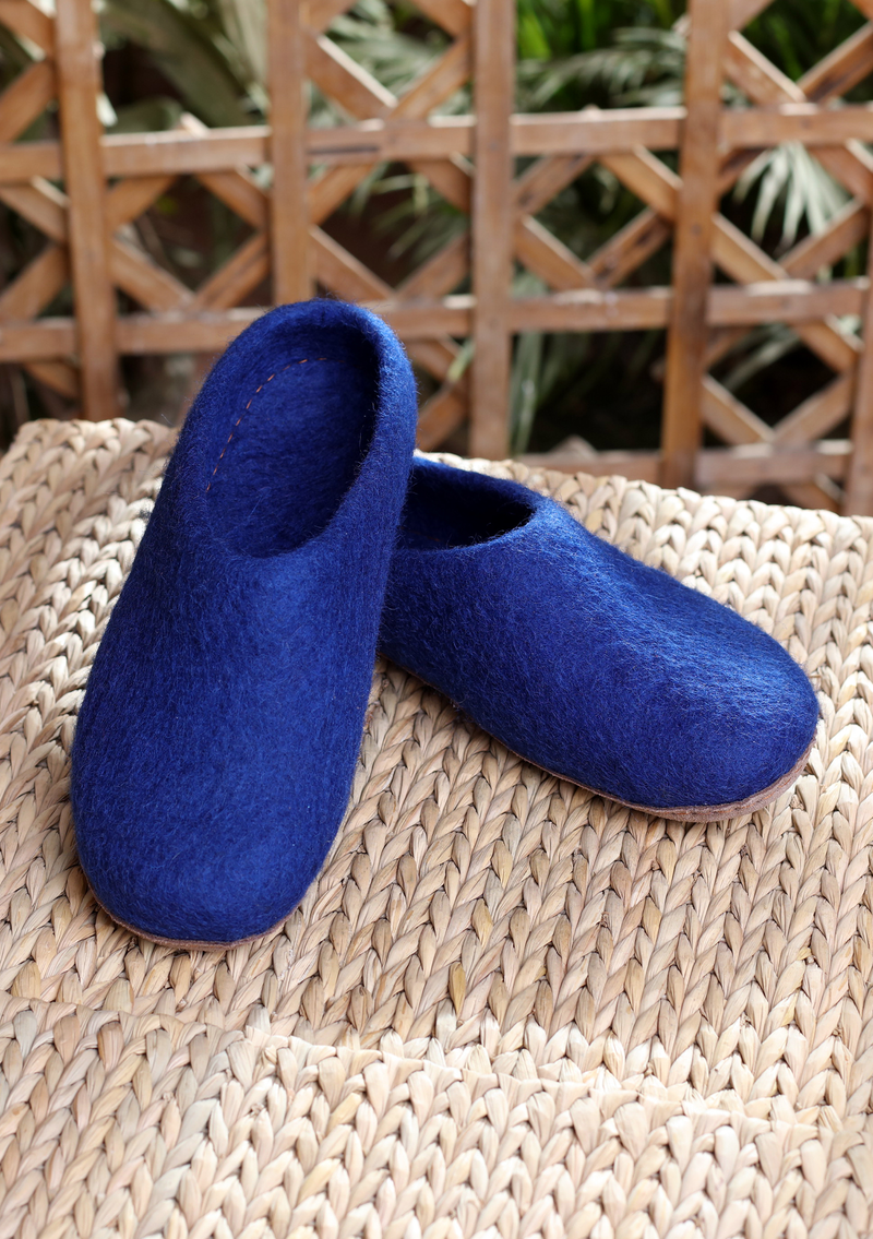 Handmade Steel Blue Classic Felt Slippers