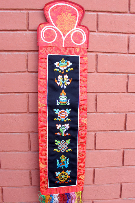 Tibetan Eight Auspicious Symbol Embroidered Polyester Brocade Wall Hanging Banner BH33 - nepacrafts