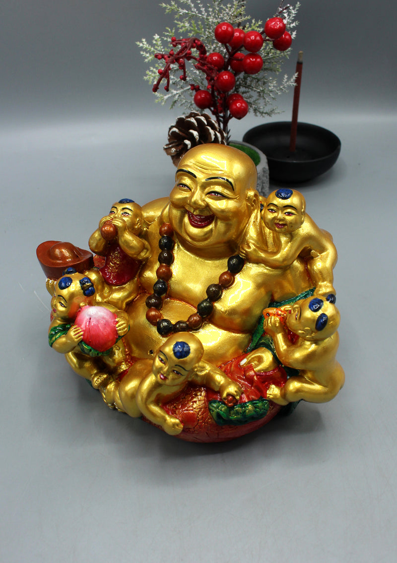 Goldplated Hand Painted Feng Shui Laughing Buddha Sitting with Five Children Statue