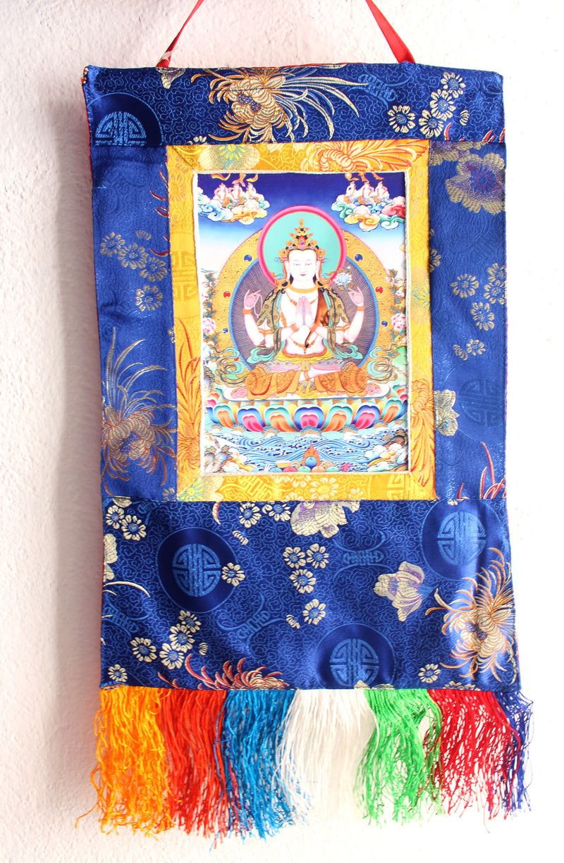 Om Mani Chenrezig Photo Thangka Silk Brocade Wall Hanging