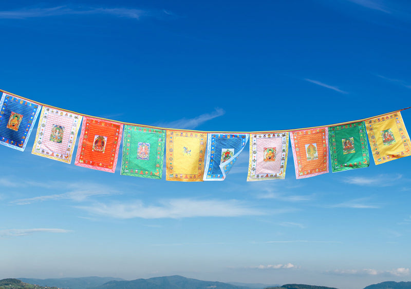 Tibetan Deities Printed Colored Silk Prayer Flags - nepacrafts