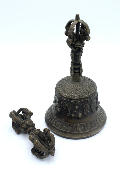 Tibetan Eight Auspicious Symbols Bell and Dorjee Set Medium